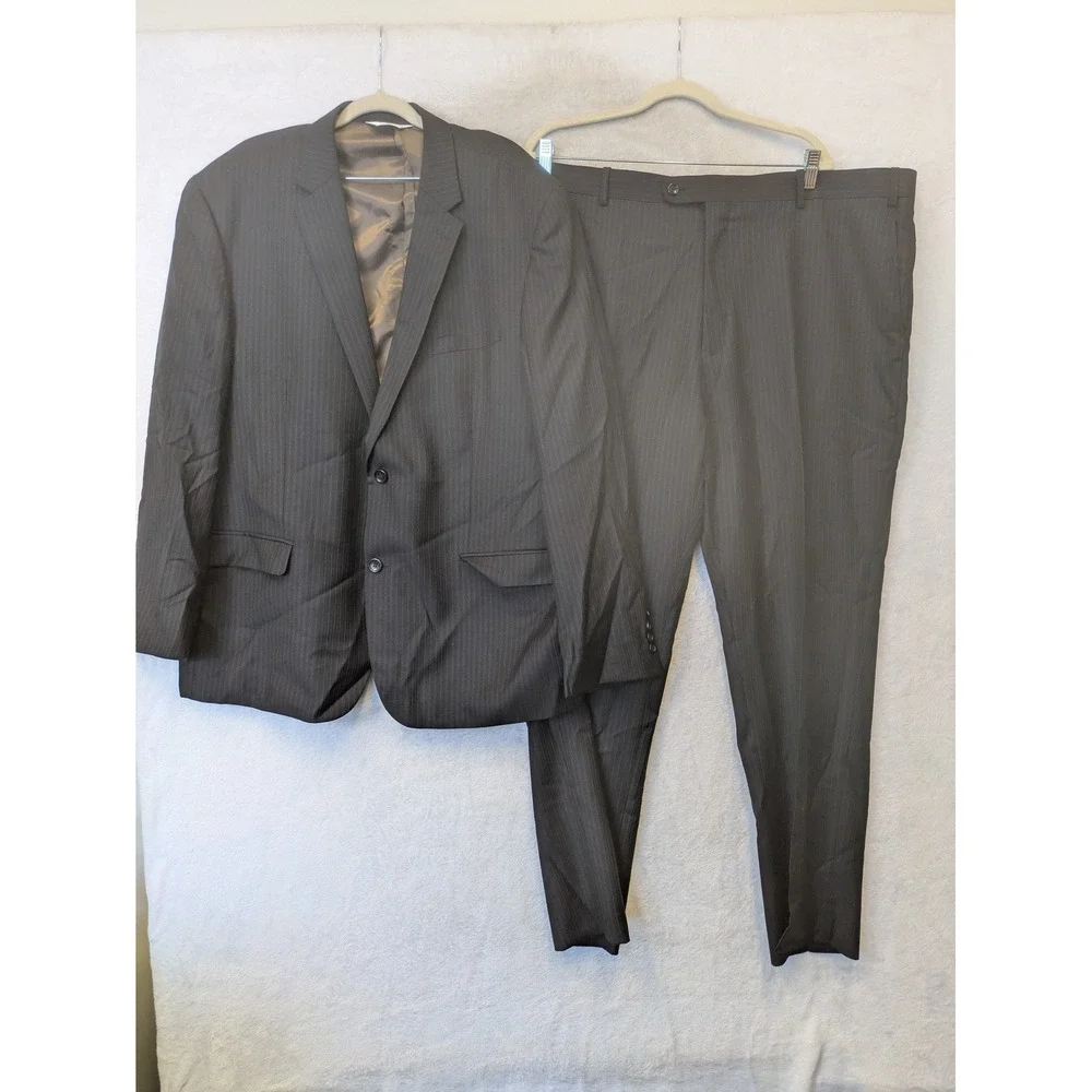 Montefino Suit Men's 48R 43W Black Pinstripe Super 120s Merino Wool 2pc Oxford